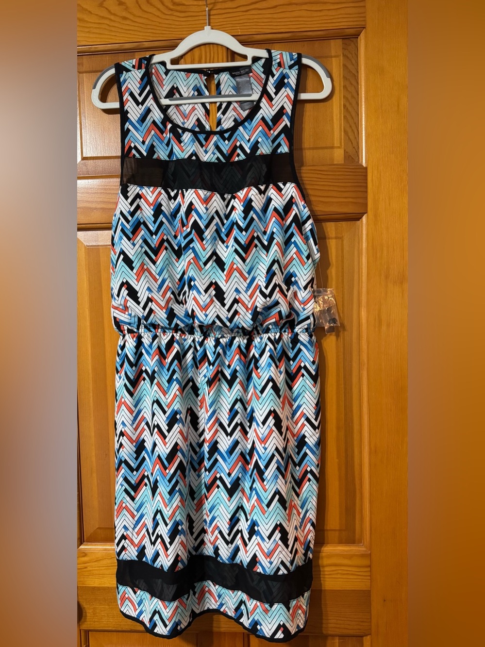 Bisou Bisou Chevron Shift Dress in Blue, Coral, Black & White